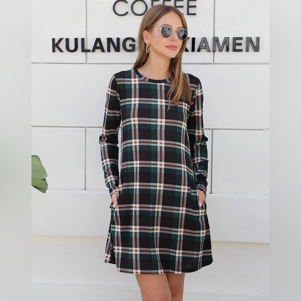 Women's Plaid Swing Dress Long Sleeve Round Neck Tunic Mini Dress